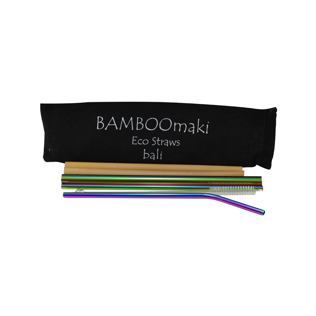 Μεταλλικά Ανοξείδωτα Καλαμάκια Rainbow ΒΑMBOOmaki σε Πουγκί - ( Σετ 3 τεμ + 2 μπαμπού δώρο + βουρτσάκι + 1 πουγκί μαύρο σουέτ )