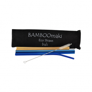Μεταλλικά Ανοξείδωτα Καλαμάκια Μπλέ ΒΑMBOOmaki σε Πουγκί - ( Σετ 3 τεμ + 2 μπαμπού δώρο + βουρτσάκι + 1 πουγκί μαύρο σουέτ )